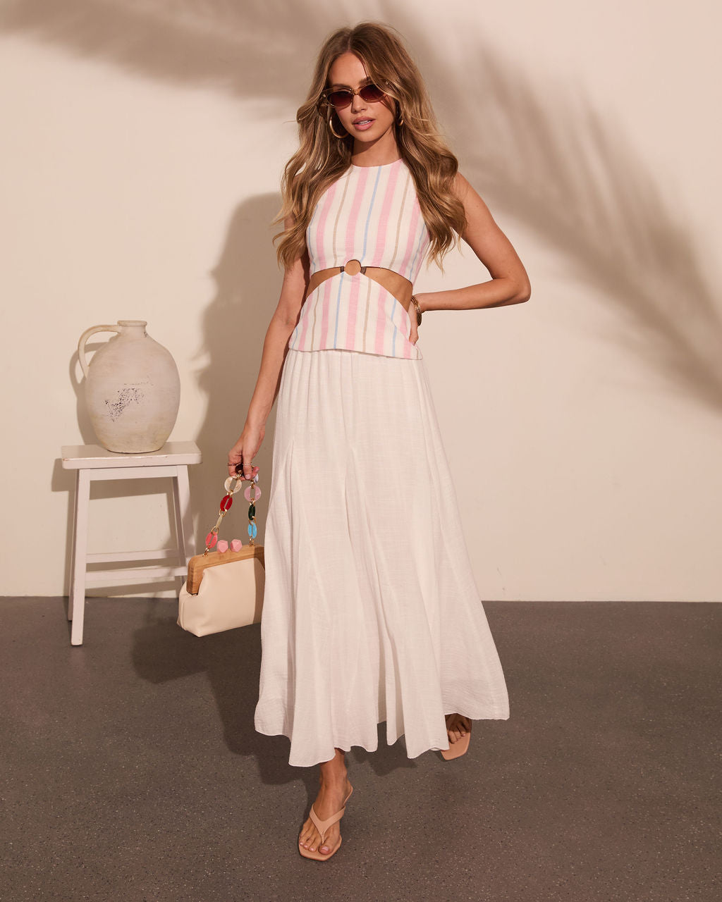Coastal Glance Striped Cut Out Linen Blend Tank Top