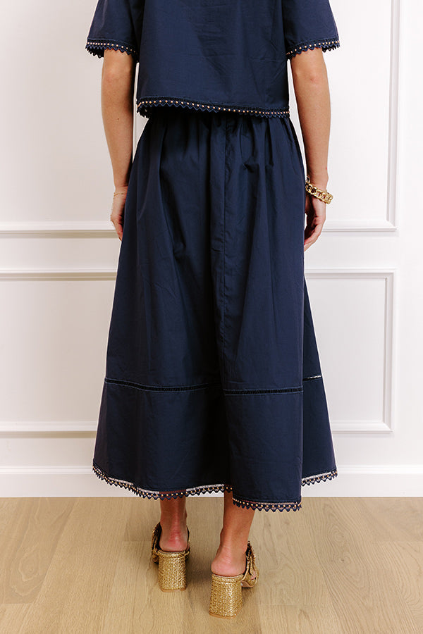 Courtyard Brunch High Waist Midi Skirt in Navy