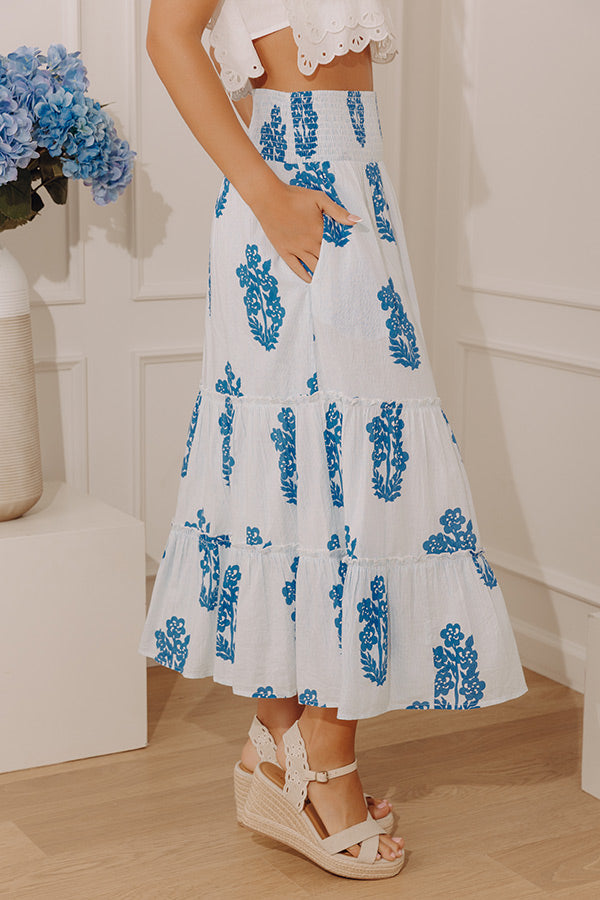 Countryside Muse High Waist Floral Midi Skirt in Sky Blue