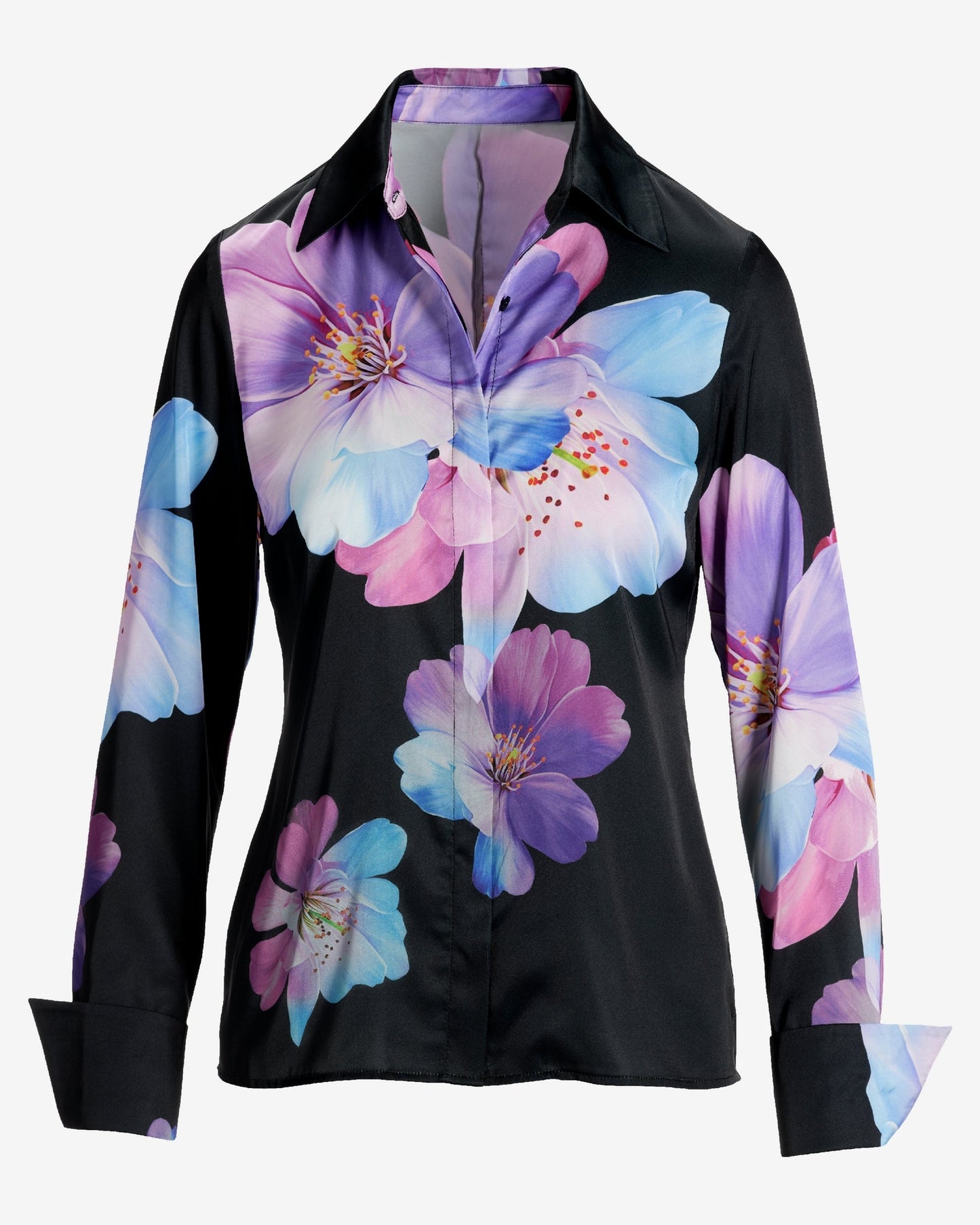 Bluebell Fleurs Print Sophia Button Up Charmeuse Blouse Purple