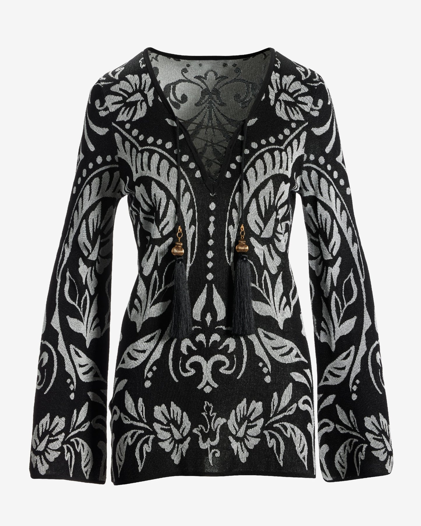 Abstract Lace Up Tunic Sweater Black/White