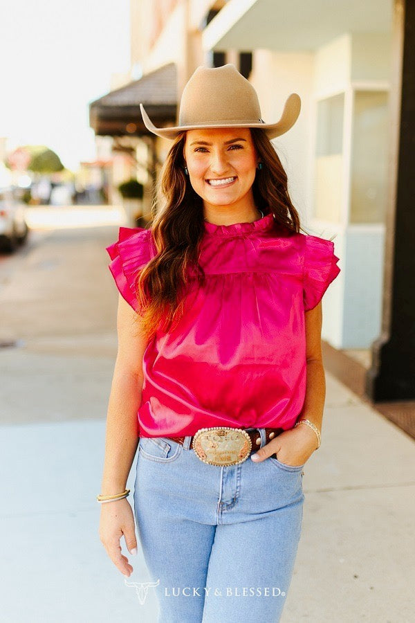 Pink Satin Pleated Ruffle Sleeveless Top