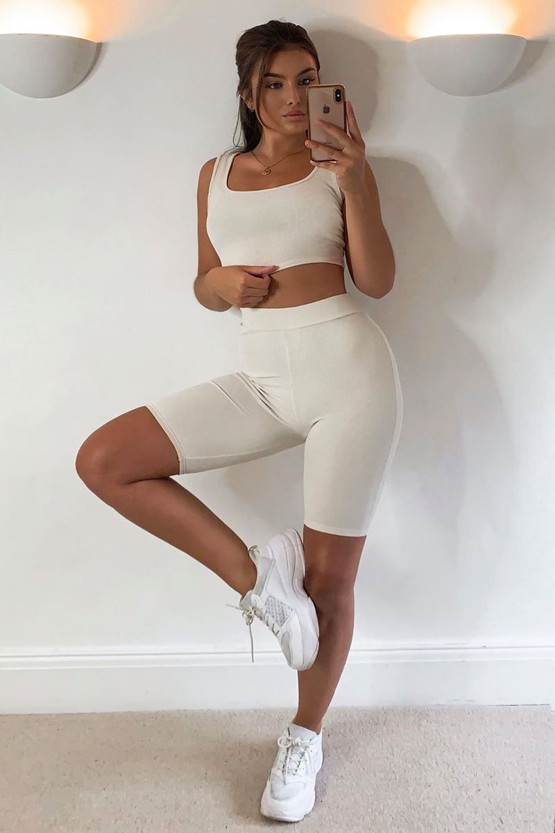 Beige Ribbed Crop Top and Cycling Shorts Co-ord - Nina