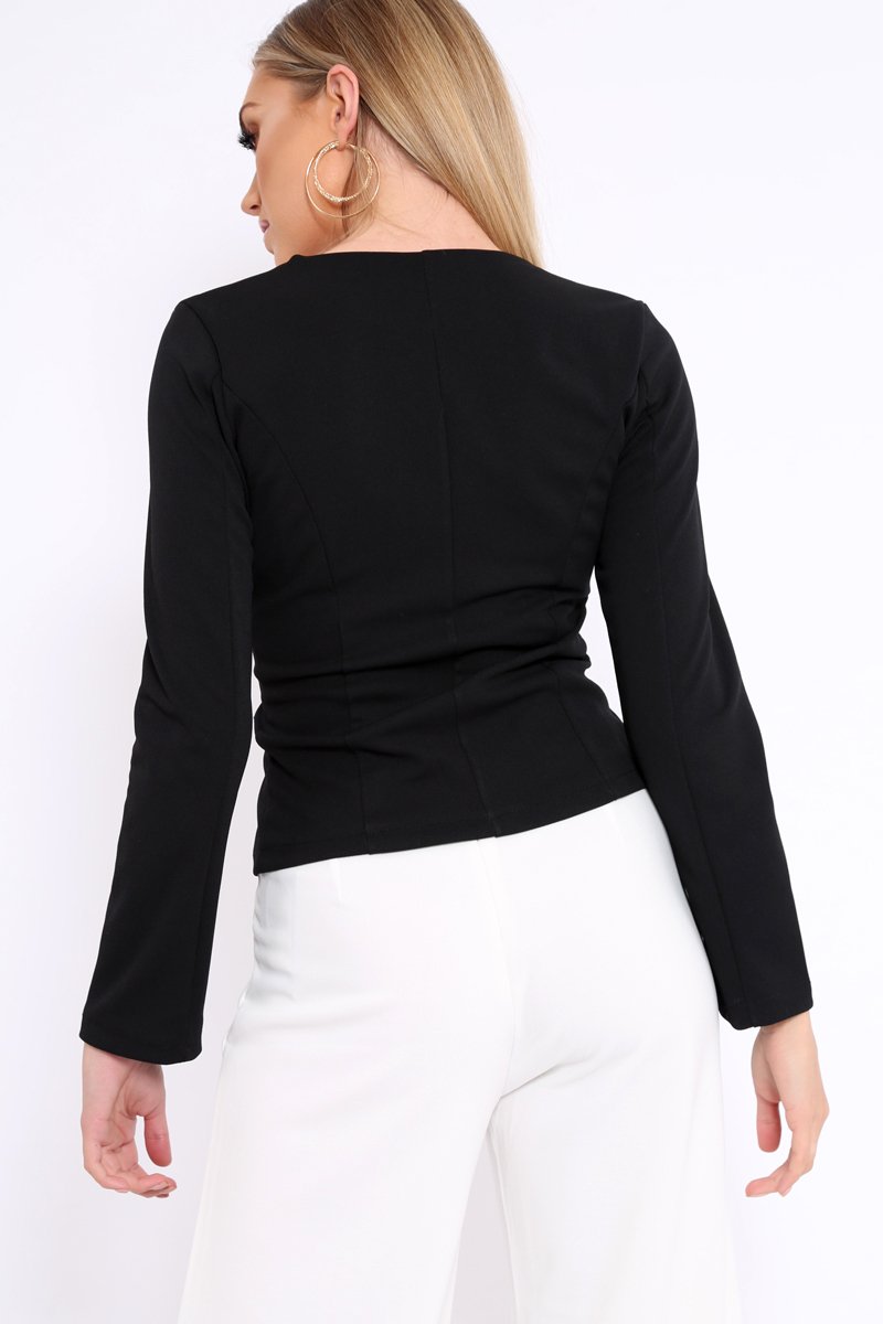 Black Blazer Top with White Contrast Lapels - Ellina