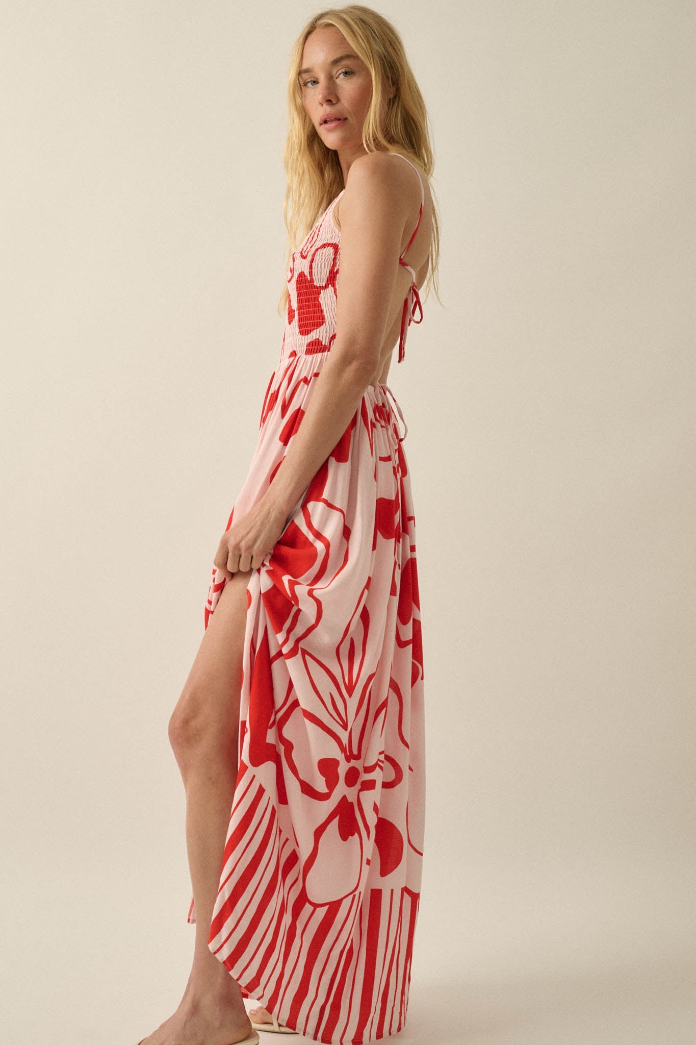 Tropical Beauty Abstract-Floral Smocked Maxi Dress