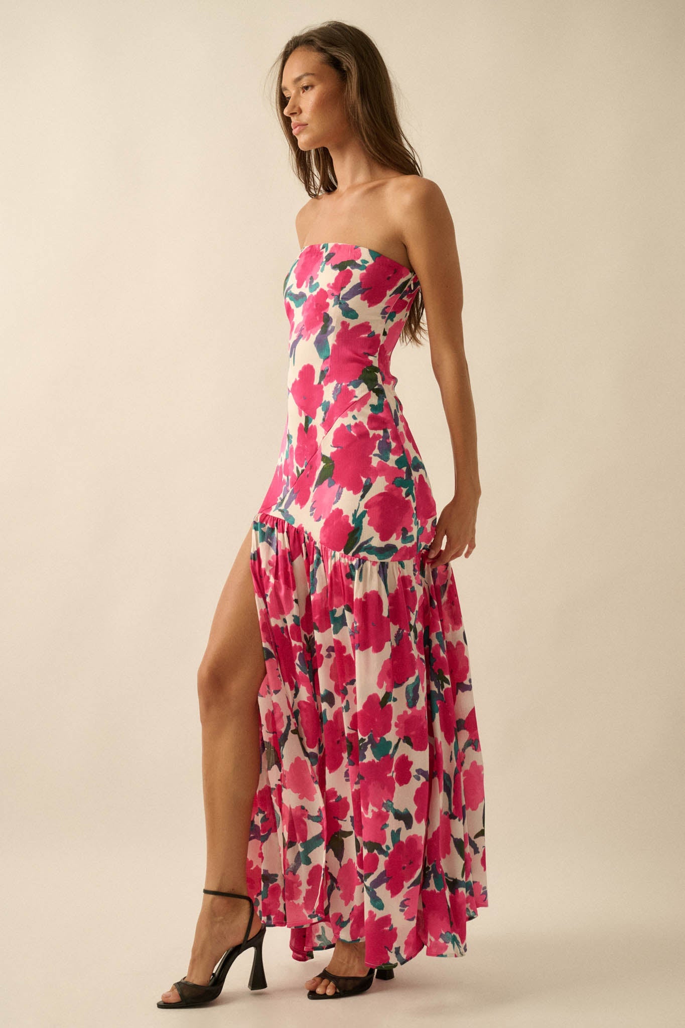 Painted Garden Floral Crepe Strapless Maxi Dress