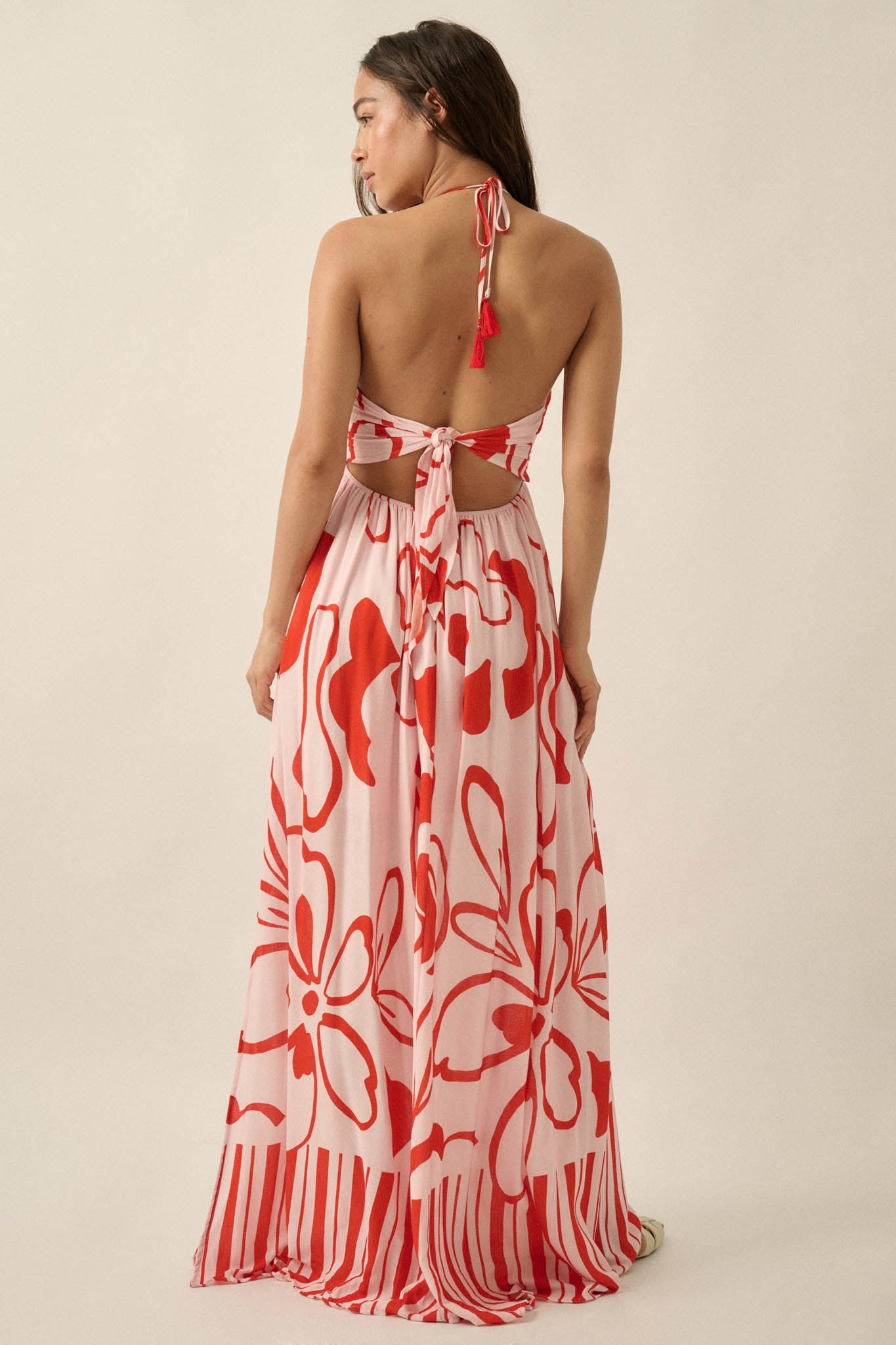 Tropical Blooms Abstract-Floral Halter Maxi Dress