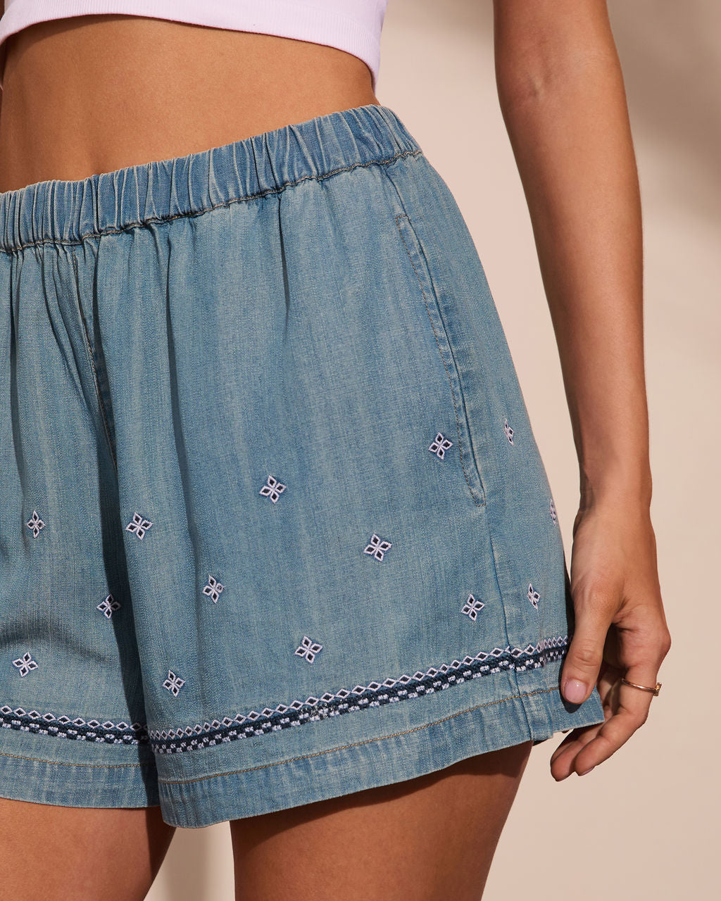 Coastal Weekend Embroidered Chambray Shorts