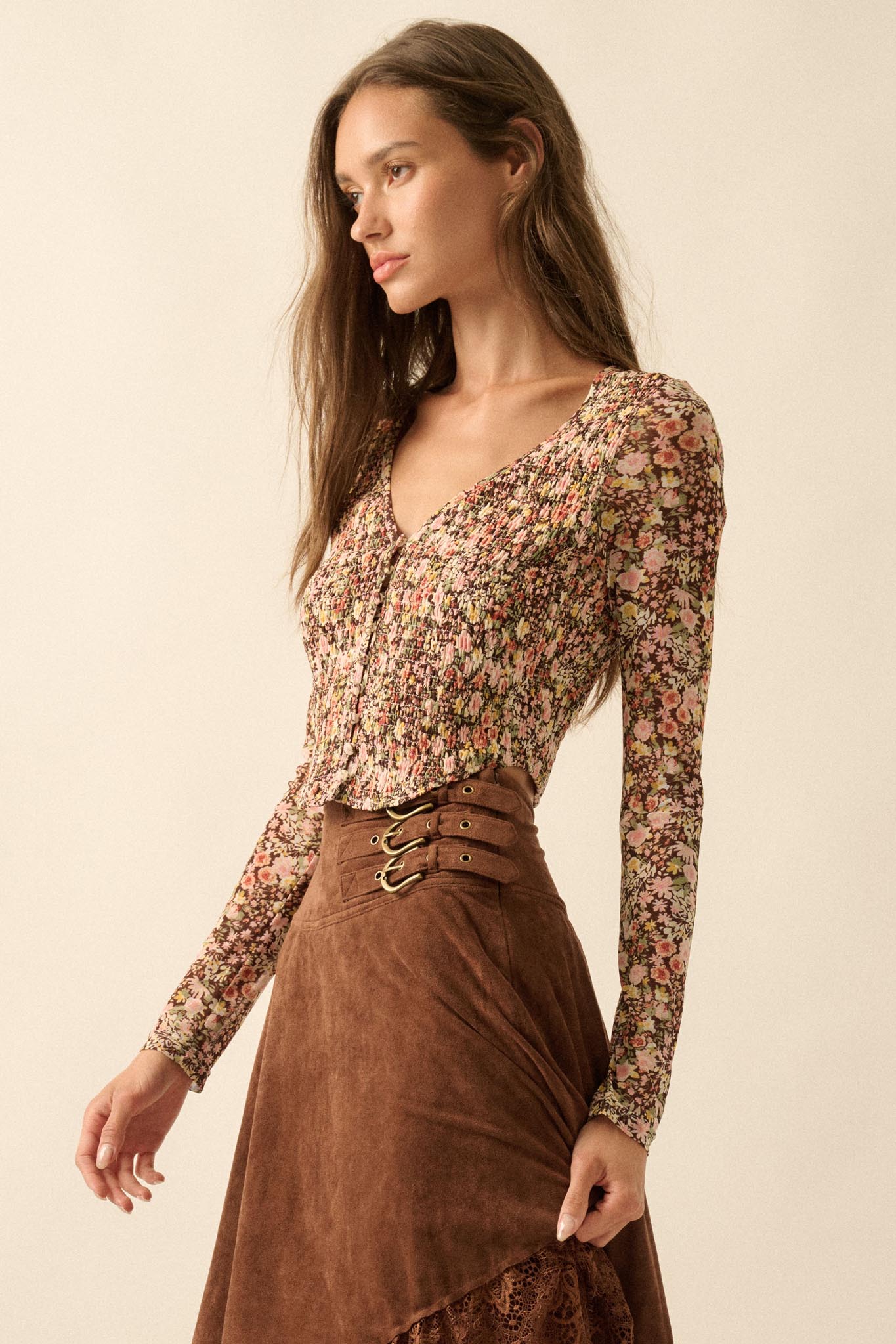 Wildflower Spirit Smocked Floral Mesh Corset Top