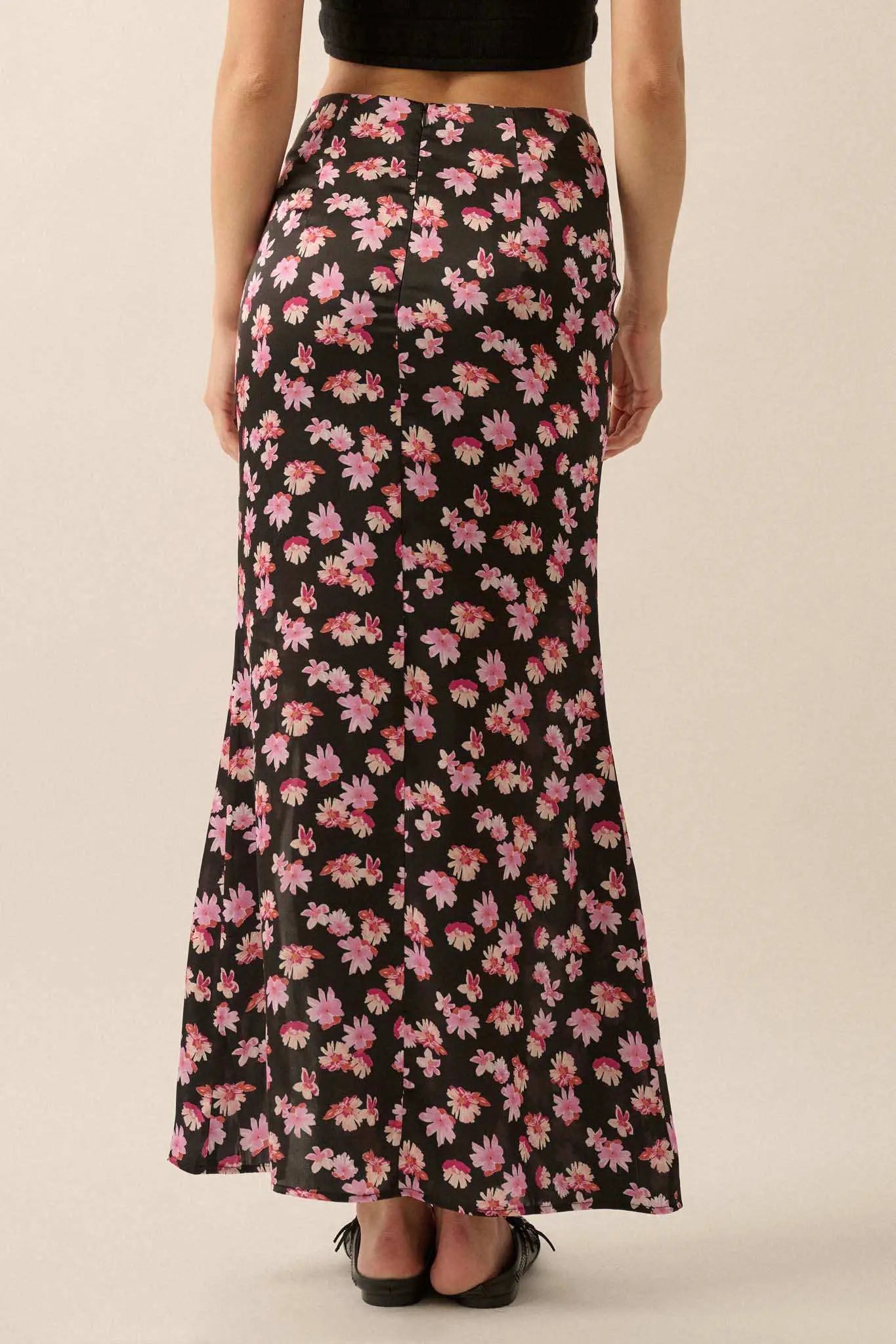 Sassy Blossoms Floral Satin Buttoned Maxi Skirt