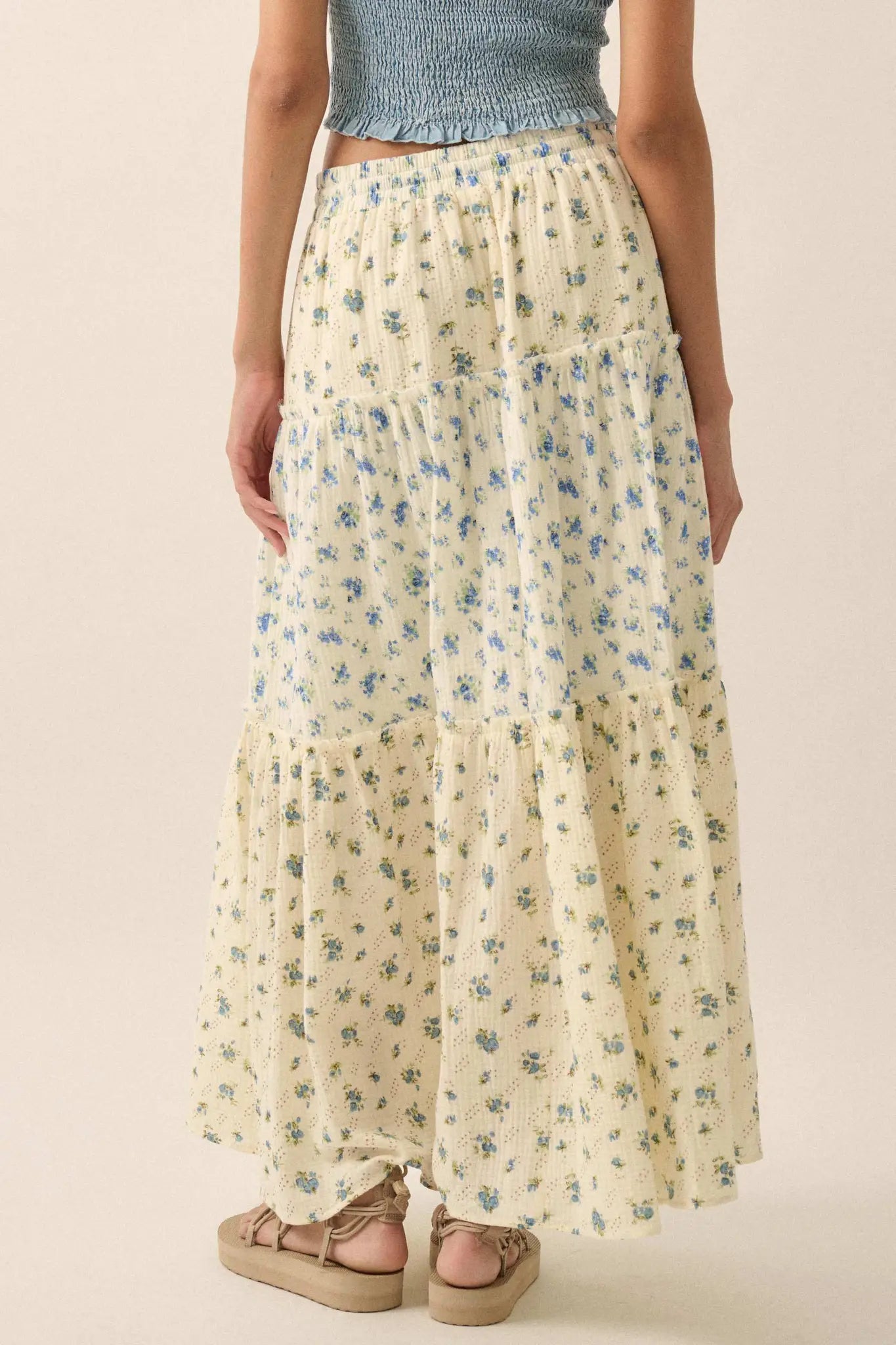Sunny Meadow Floral Gauze Tiered Ruffle Maxi Skirt