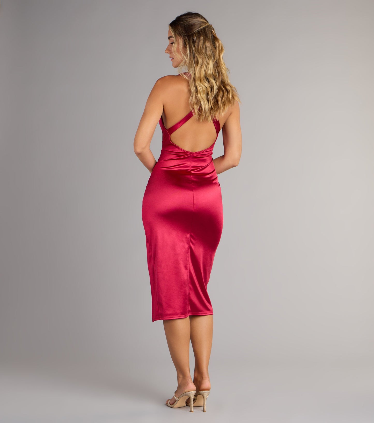 Abigail V-Neck Strappy Satin Midi Dress