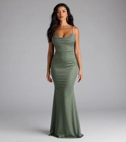 Acacia Glitter Knit Cowl Neck Mermaid Dress