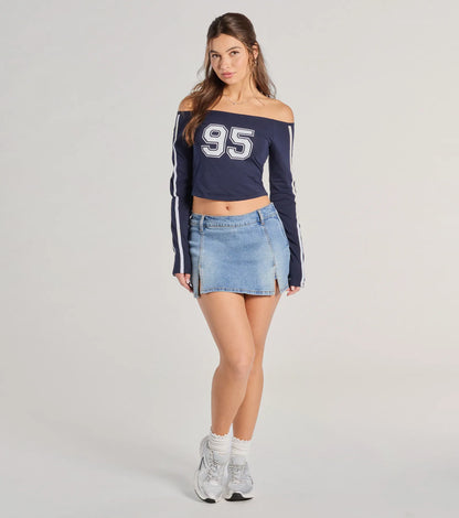 95 Graphic Off-The-Shoulder Striped Crop Top