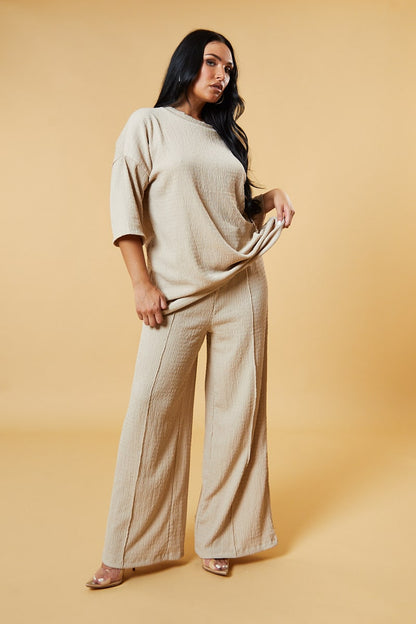 Beige Textured Knit Trousers & Oversized Top Co-ord Set - Cecelia