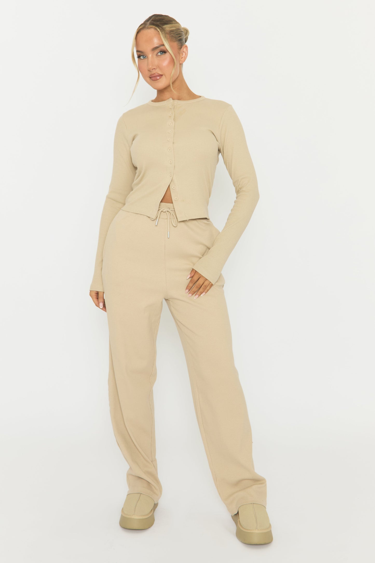 Beige Button Front Long Sleeve Top and Trouser Loungewear Co-ord Set - Izzabelle