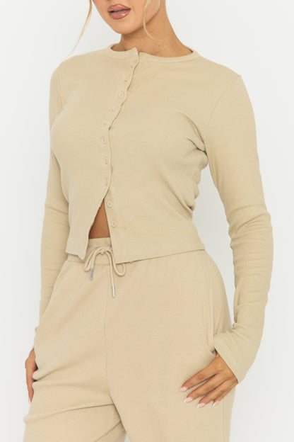 Beige Button Front Long Sleeve Top and Trouser Loungewear Co-ord Set - Izzabelle