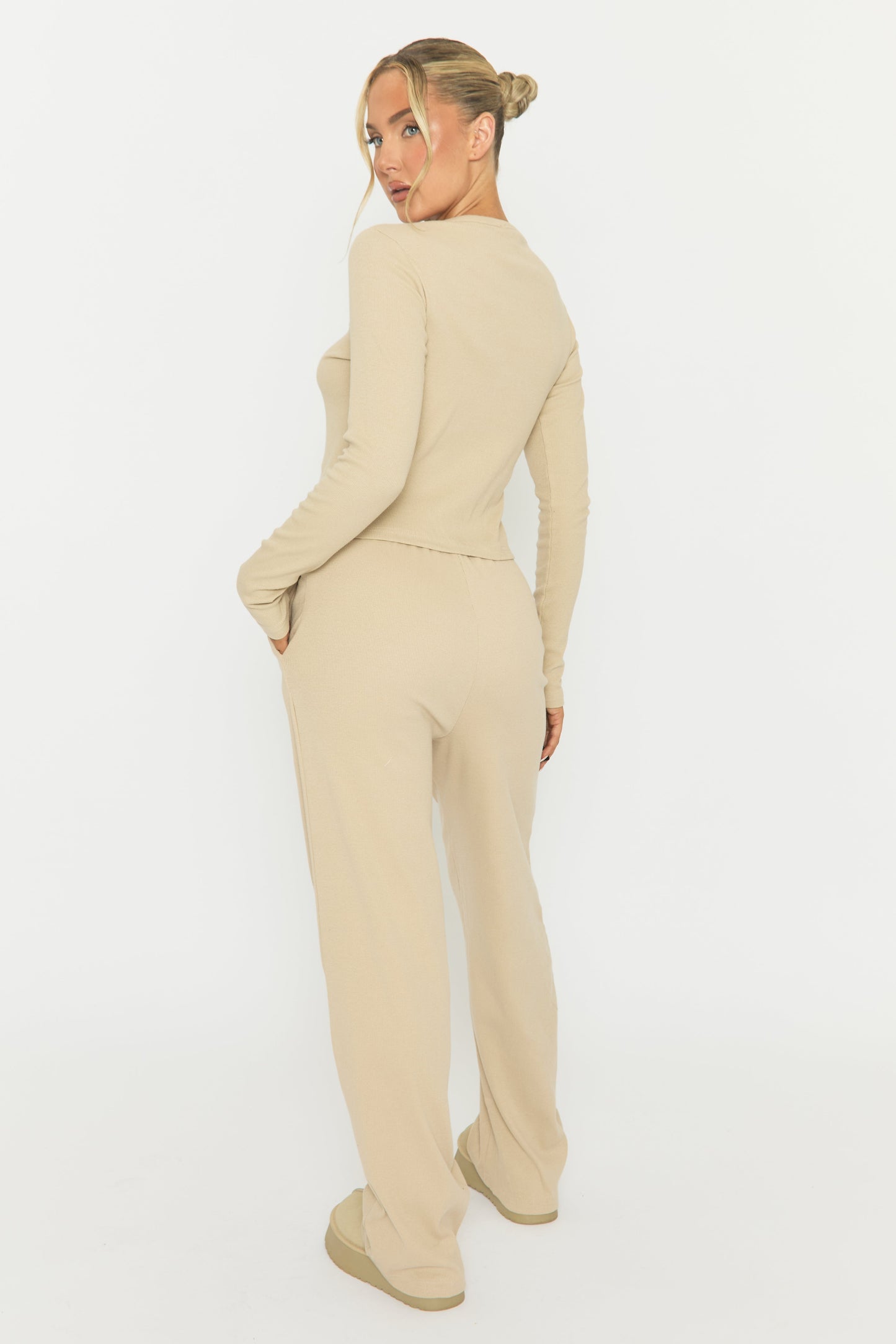 Beige Button Front Long Sleeve Top and Trouser Loungewear Co-ord Set - Izzabelle