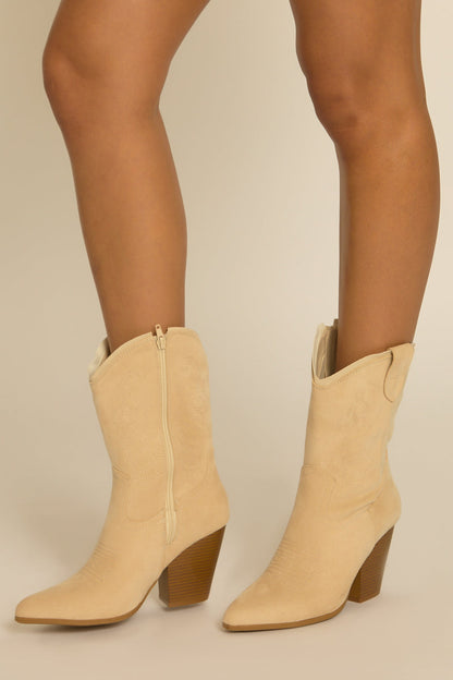 Beige Embroidered Pointed Toe Western Cowboy Boots - Rennie