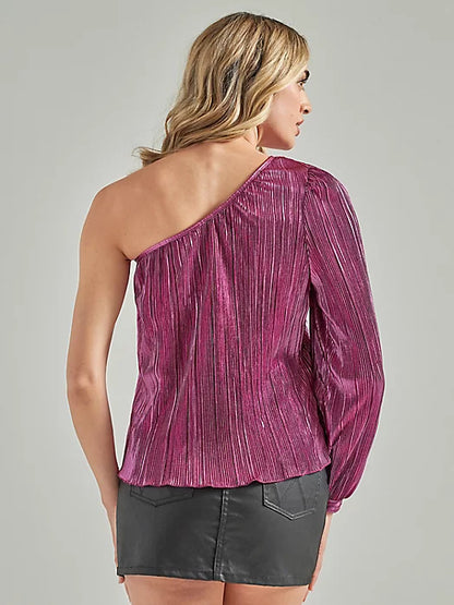 Wrangler retro one shoulder hot pink plisse top