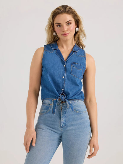 Wrangler Mid Wash Denim Sleeveless Tie Front Shirt