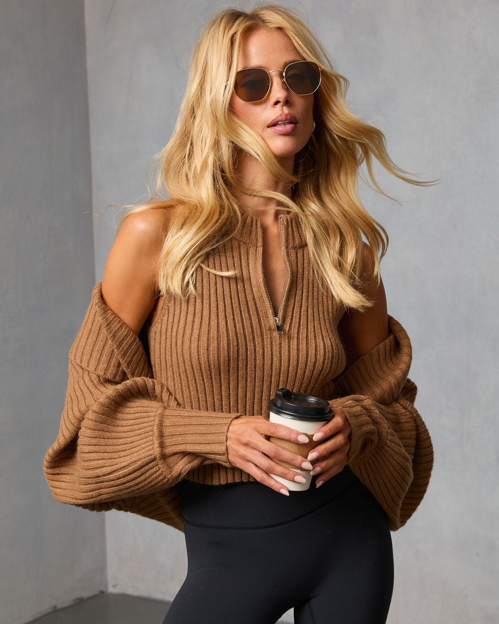 Dreamlight Ribbed Quarter Zip Top And Dolman Cardigan Set