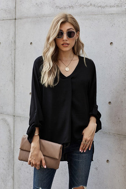 Black V Neck 3/4 Sleeve High Low Hem Blouses