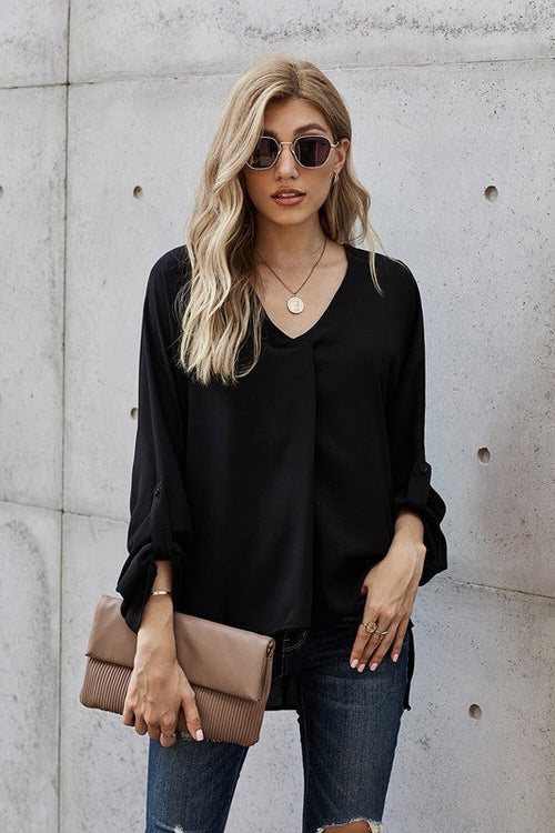 Black V Neck 3/4 Sleeve High Low Hem Blouses