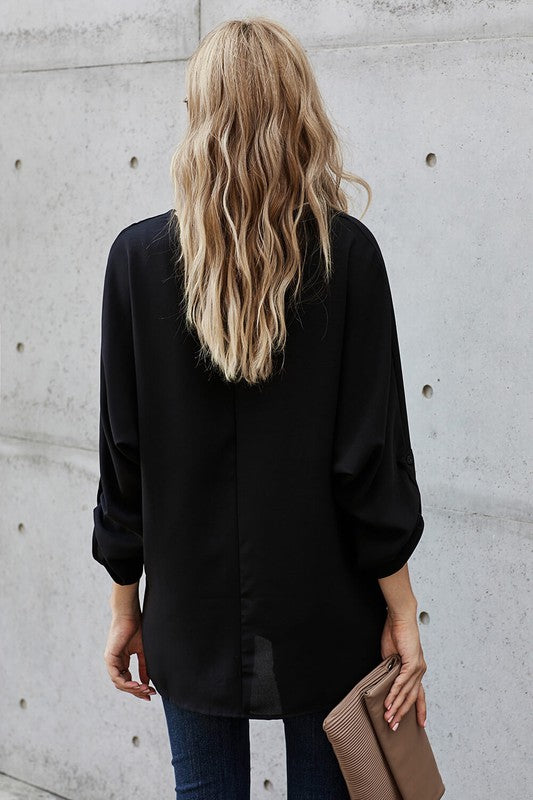 Black V Neck 3/4 Sleeve High Low Hem Blouses