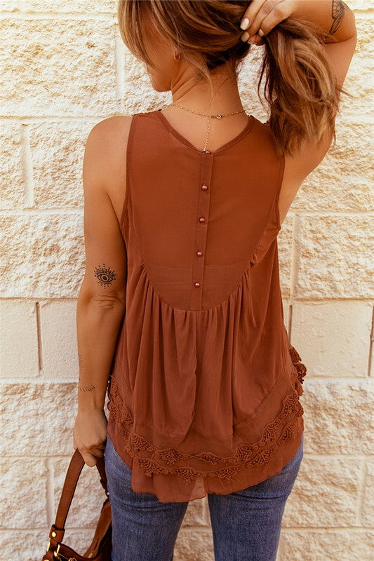 Lace Detail Buttons Back Sleeveless Top