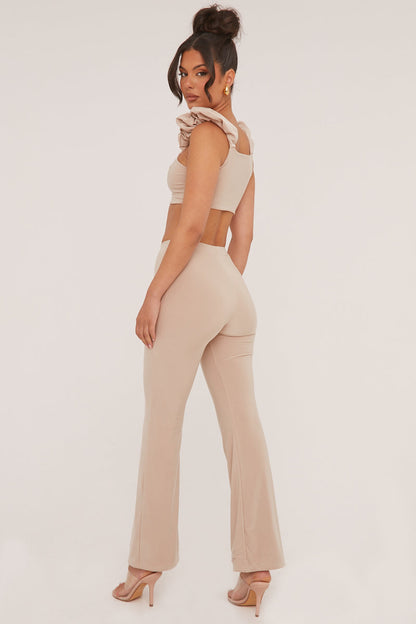 Beige Frill Detail  Cropped Top & Wide Leg Trousers Co-ord Set - Sophie