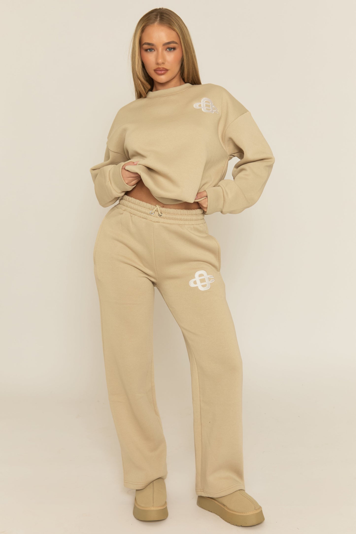 Beige Contrast Motif Jumper and Joggers Loungewear Co-ord Set - Oleen