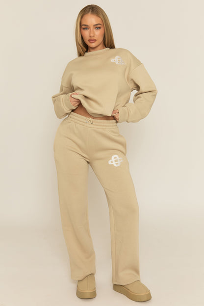 Beige Contrast Motif Jumper and Joggers Loungewear Co-ord Set - Oleen