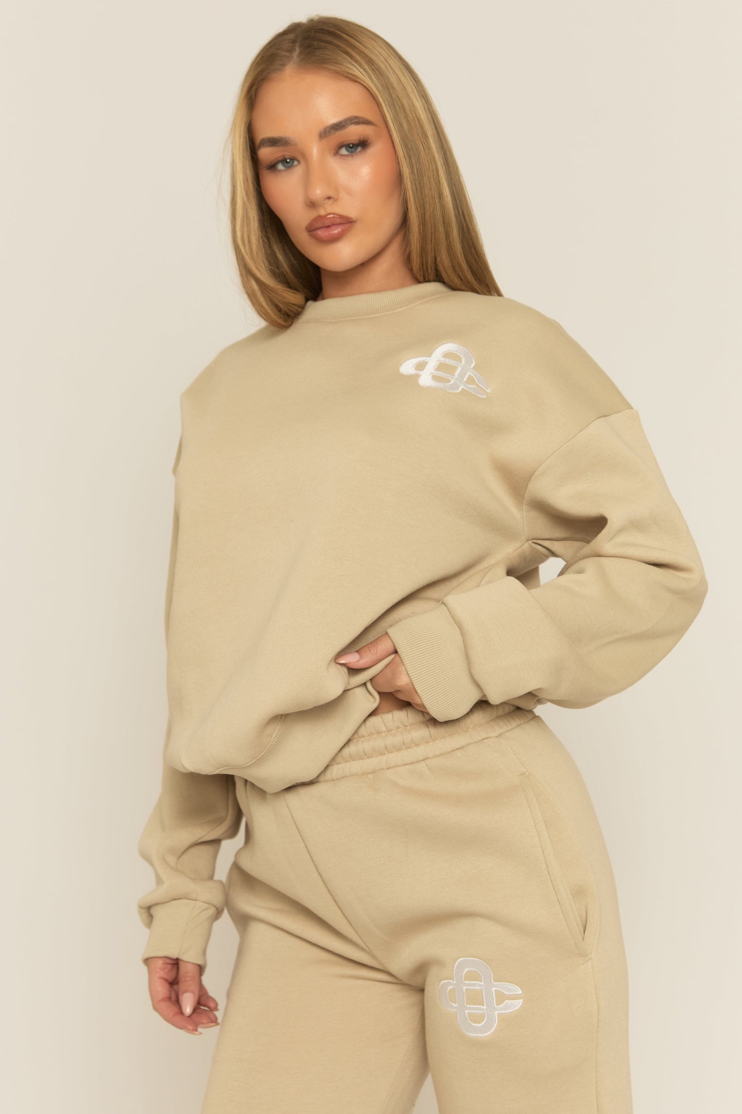 Beige Contrast Motif Jumper and Joggers Loungewear Co-ord Set - Oleen