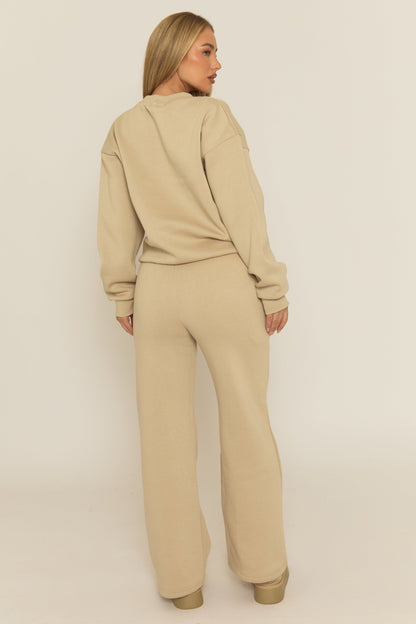 Beige Contrast Motif Jumper and Joggers Loungewear Co-ord Set - Oleen