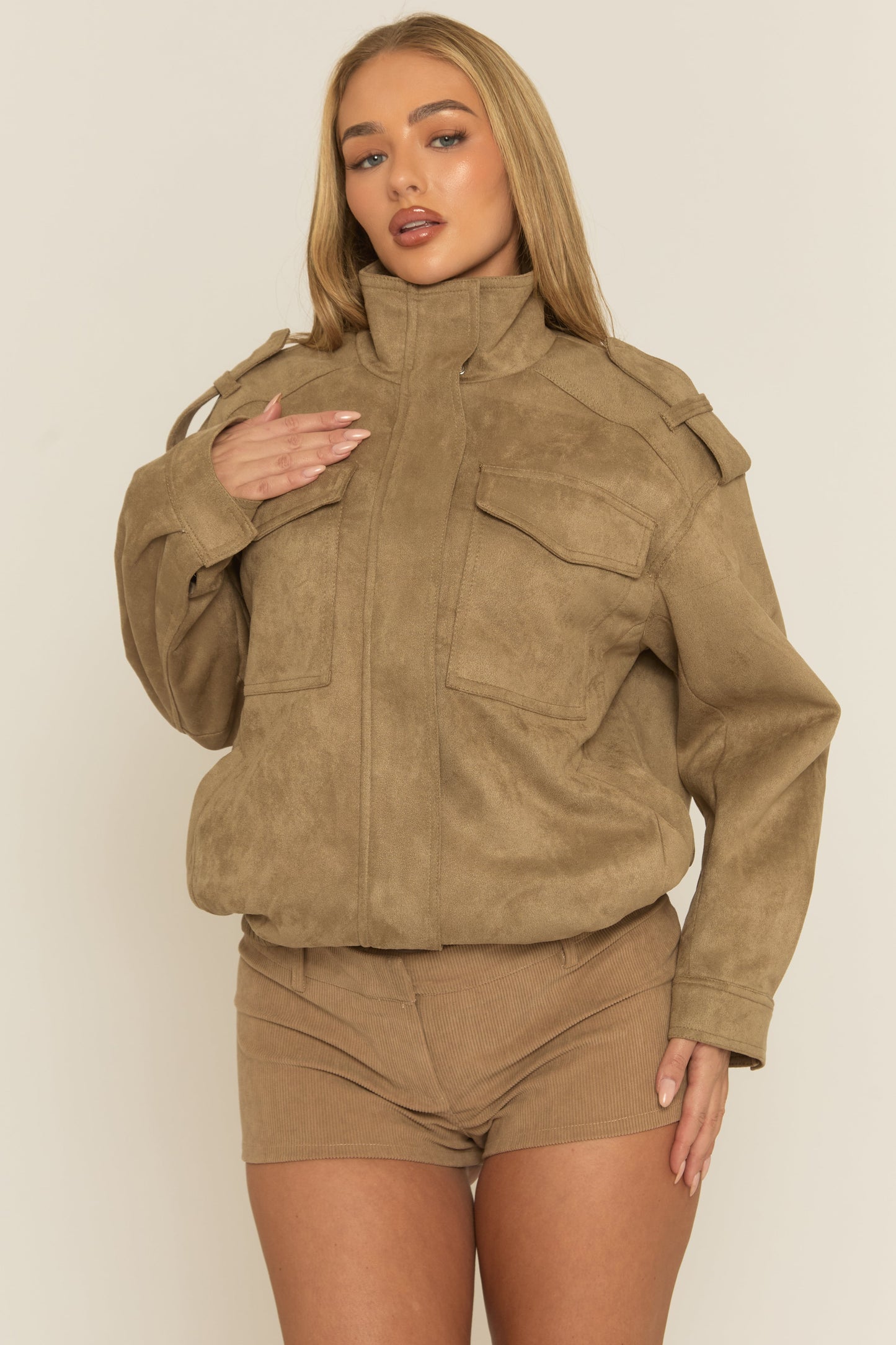 Beige Suede Funnel Neck Bomber Jacket - Juliette