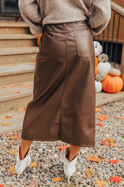 The Eras High Waist Faux Leather Skirt in Chestnut