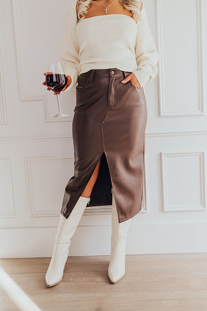The Eras High Waist Faux Leather Skirt in Chestnut