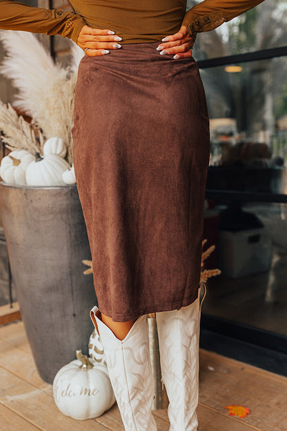 Autumn Harmony Faux Suede Skirt In Chestnut