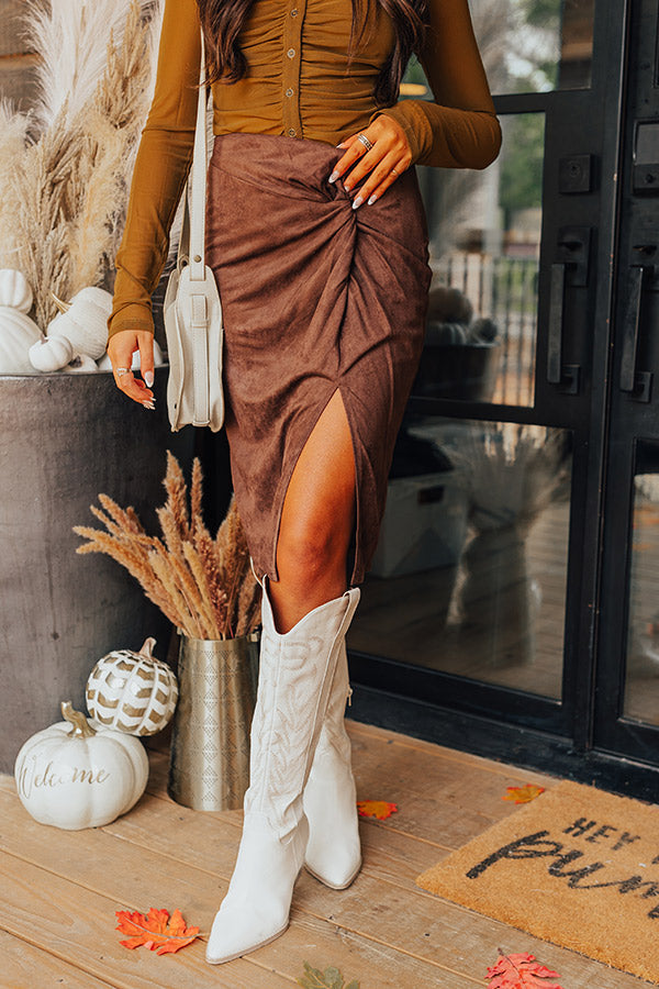 Autumn Harmony Faux Suede Skirt In Chestnut