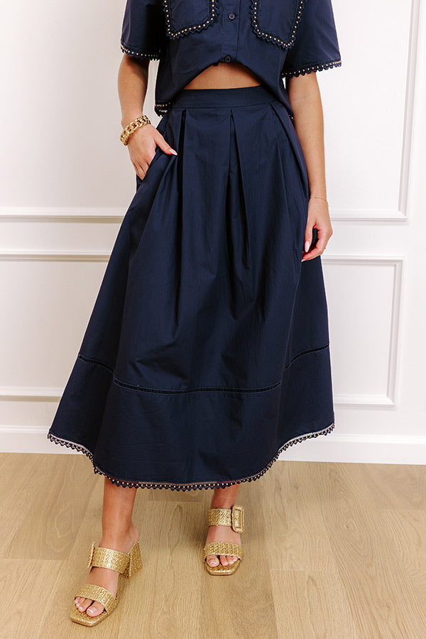 Courtyard Brunch High Waist Midi Skirt in Navy