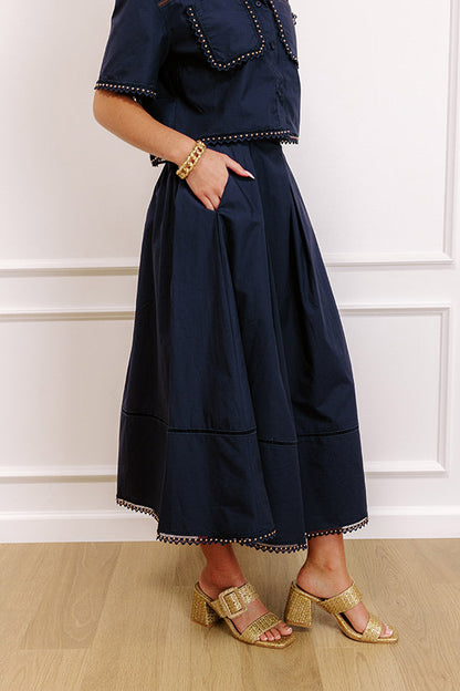 Courtyard Brunch High Waist Midi Skirt in Navy