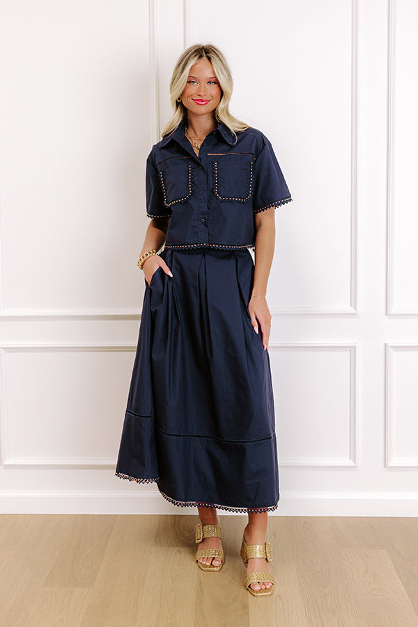 Courtyard Brunch High Waist Midi Skirt in Navy