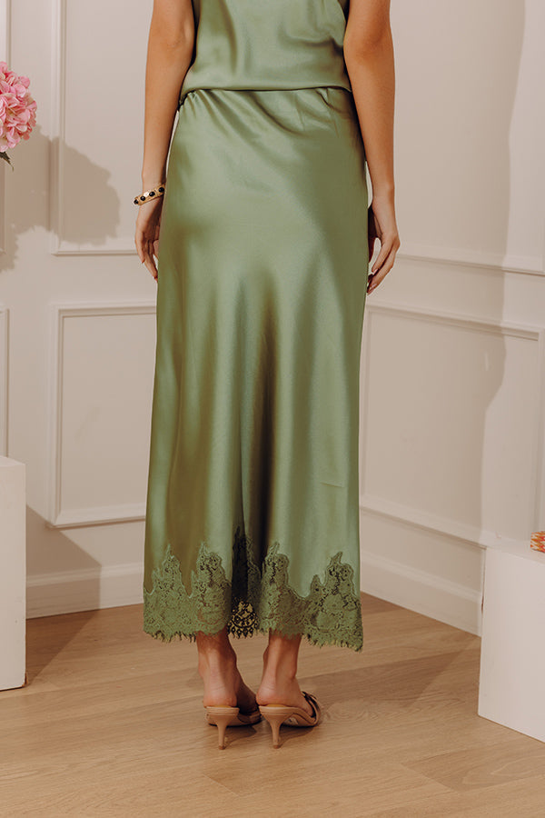 Opulent Ease High Waist Satin Lace Trim Midi Skirt in Sage