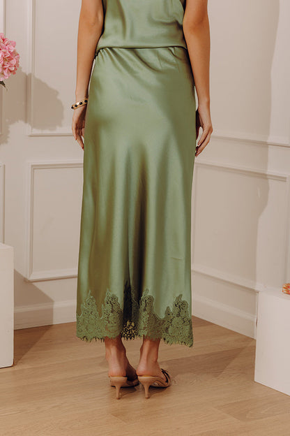 Opulent Ease High Waist Satin Lace Trim Midi Skirt in Sage