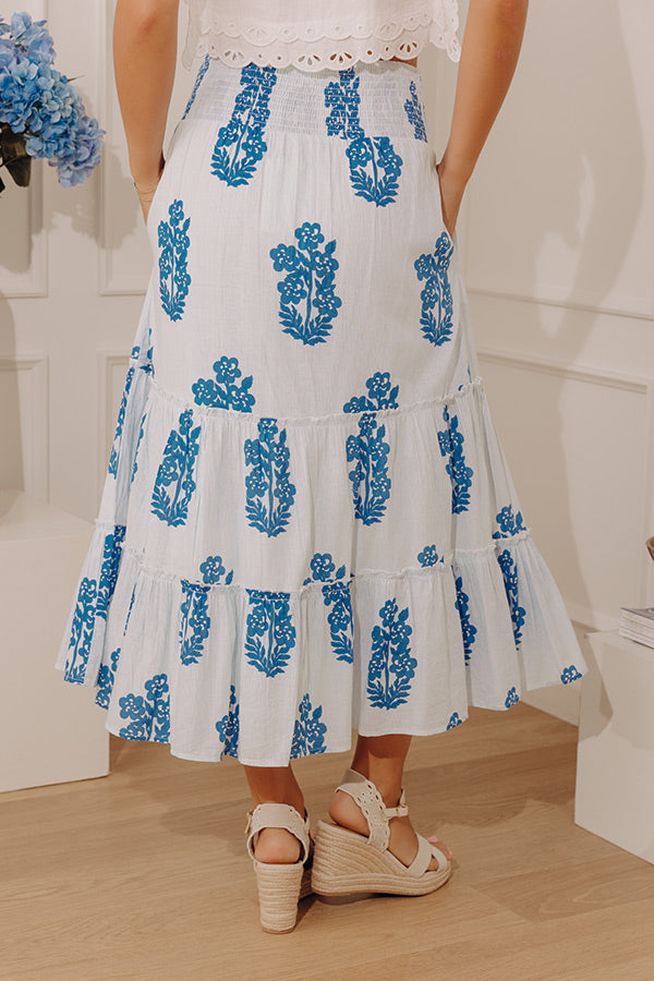 Countryside Muse High Waist Floral Midi Skirt in Sky Blue