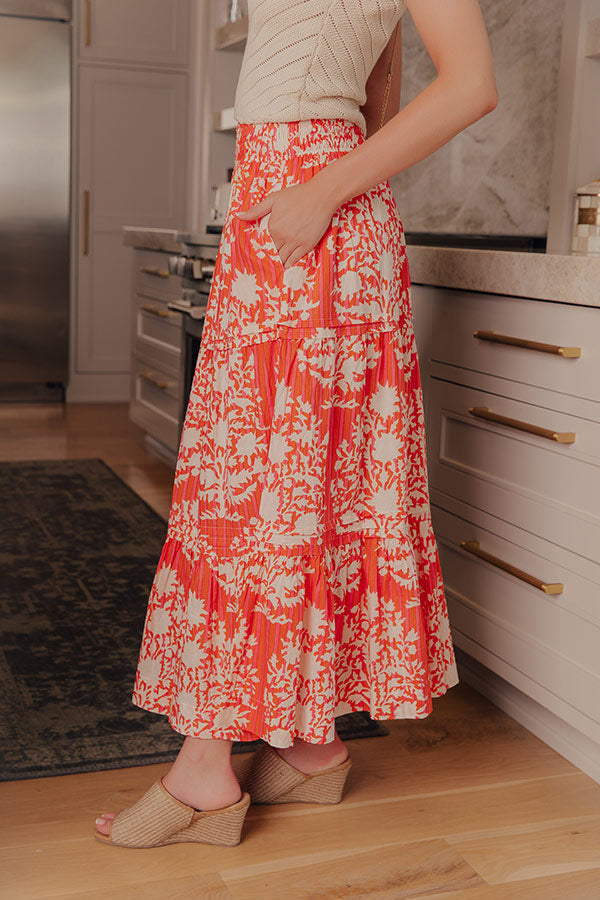 Boho Energy High Waist Floral Midi Skirt in Tangerine