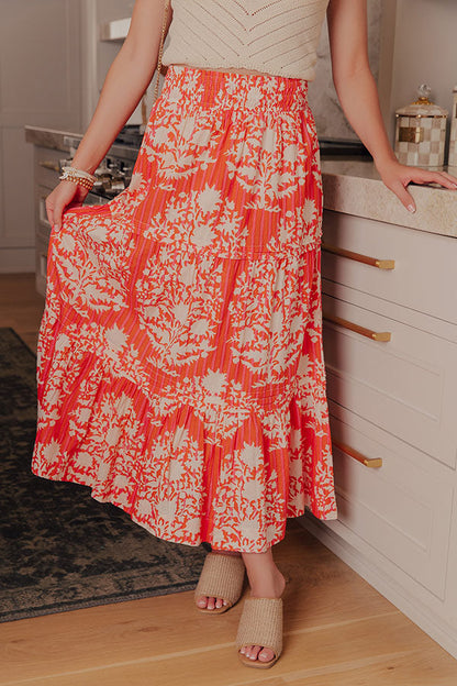 Boho Energy High Waist Floral Midi Skirt in Tangerine