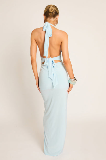 Baby Blue Halterneck Tie Back Maxi Dress - Amalfie