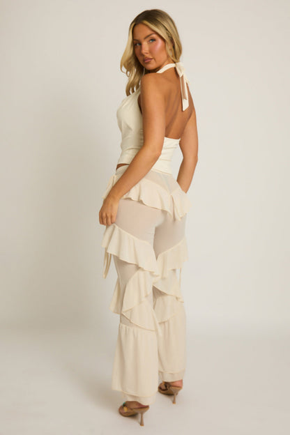 Beige Ruffle Tie Detail Mesh Trousers - Libby